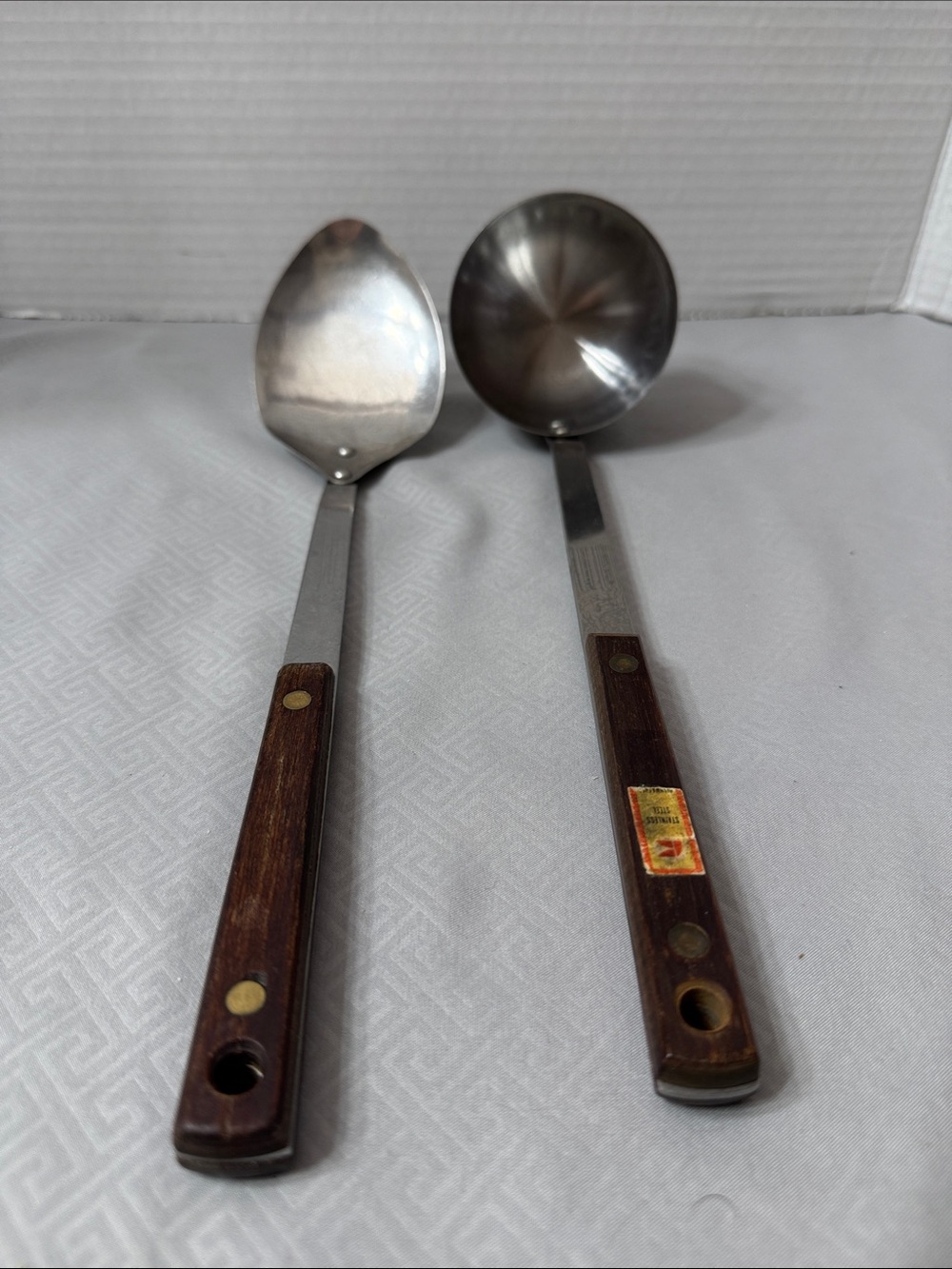 Vintage Mid Century Stainless Soup Ladle & Serving Spoon Wood Handle Taiwan 2 Pc